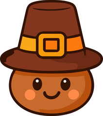 A cheerful kawaii-style Thanksgiving character wearing a classic pilgrim hat with a golden buckle and a cute smiling face.