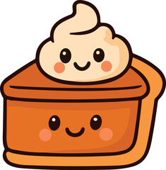 A cute kawaii-style pumpkin pie slice with a happy face and a smiling dollop of whipped cream, perfect for Thanksgiving and autumn themes.
