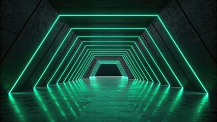 Obraz premium Futuristic neon tunnel with green glowing lights and reflective floor, abstract