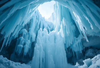 Inside an ice cave with icicles and sky visible through opening