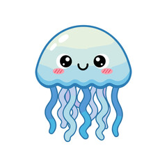 Cute cartoon jellyfish with a smiling face and flowing tentacles, set against a plain background
