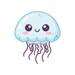 Cute cartoon jellyfish with a smiling face, floating in a bright, cheerful ocean scene