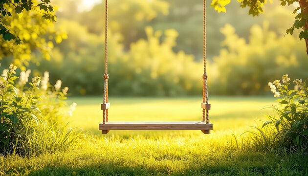 Wooden swing hanging from a tree branch in a grassy backyard setting with dappled sunlight filtering through the leaves
