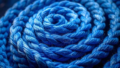 Spiraling close-up of vibrant blue coiled rope