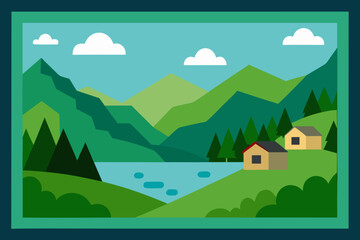 Fototapeta premium Stylized flat illustration of a serene mountain lake with houses and trees
