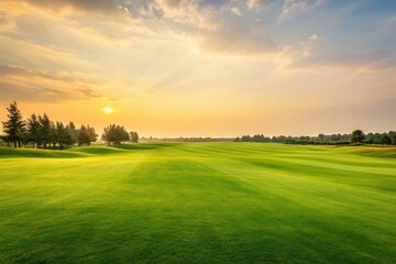 Golden sunset over lush green golf course with rolling hills and scattered trees under dramatic sky