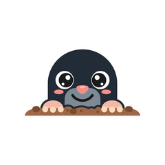 Cute cartoon mole peeking out of the ground with a cheerful expression, surrounded by dirt