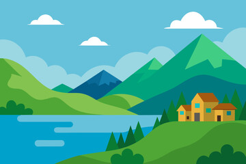 Fototapeta premium Flat design landscape with lake mountains and houses