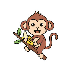 Obraz premium Cute cartoon monkey happily sitting on a branch, holding a banana, with a simple background