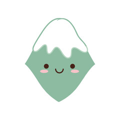 Cute cartoon mountain character with smiling face and snow cap, set against a minimalist background