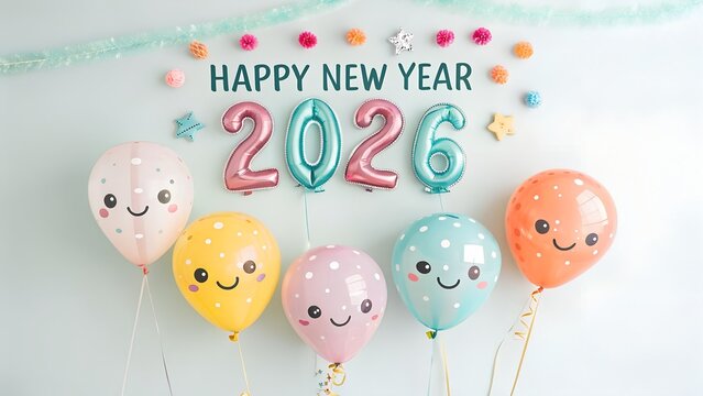 Happy new year 2026 spelled out with colorful balloons and numbers against a soft, cloudy background, creating a cheerful atmosphere - Powered by Adobe