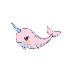 Cute cartoon narwhal swimming happily in a bright, whimsical ocean setting with pastel colors
