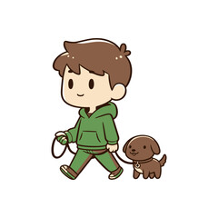 A young child in a green hoodie walks a brown dog on a leash in a simple, animated style