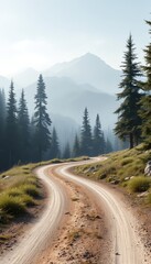 Winding dirt road navigates through a lush mountain landscape shrouded in a gentle mist and scattered with evergreens