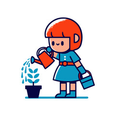 A young girl in a blue dress waters a potted plant with a watering can in a bright, cheerful setting