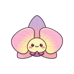 Cute cartoon orchid flower character with a smiling face, vibrant colors, and playful design