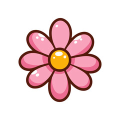 Bright pink cartoon flower with a yellow center, set against a simple white background