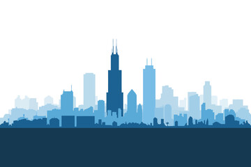 Naklejka premium Detailed Blue Silhouette of Chicago Skyline with Famous Skyscrapers and Urban Landscape Vector Illustration