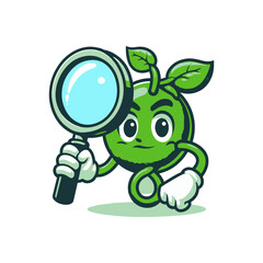 Cartoon character of a green plant with a magnifying glass, symbolizing nature exploration