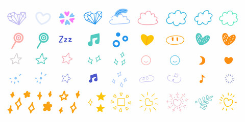 Collection of cute hand drawn doodle icons and symbols in pastel colors on white background
