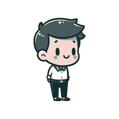 Cartoon character of a smiling young man in a white shirt and black pants, standing cheerfully