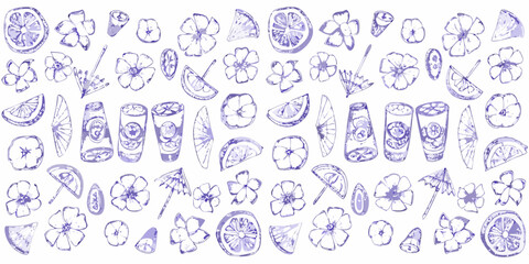 Whimsical hand drawn purple summer vacation elements featuring citrus slices flowers and drinks