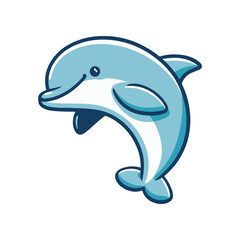 Cartoon dolphin leaping joyfully above the water, with a clear blue sky in the background