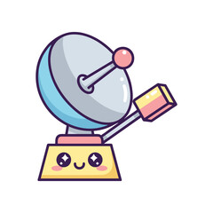 Cute cartoon satellite dish with a smiling face, set against a simple white background