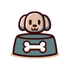 Cartoon illustration of a dog in a food bowl with a bone, set against a simple background