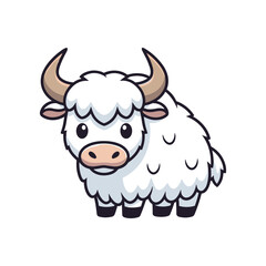 Cartoon illustration of a fluffy white yak with curved horns standing on a plain background