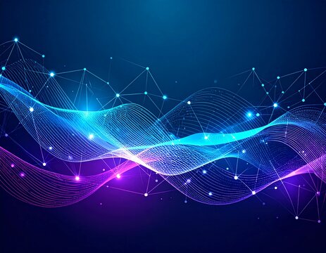 Futuristic abstract background with glowing digital particle wave and plexus network connection for technology concepts