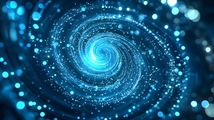 Swirling luminous particles form a blue energy vortex with bokeh effects.