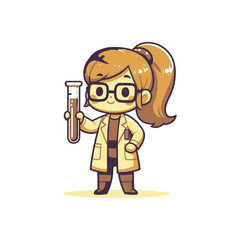 Cartoon scientist holding a test tube, smiling confidently in a laboratory setting with colorful elements