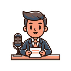 Cartoon-style news anchor presenting a report at a desk with a microphone, simple background