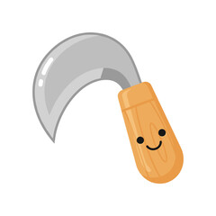 Cartoon illustration of a smiling garden tool with a curved blade and wooden handle, ideal for educational materials