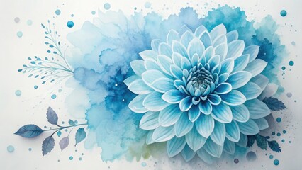 Obraz premium Beautiful light blue dahlia flower with watercolor splashes and leaves, white