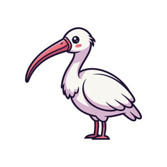 Cartoon illustration of a white ibis bird standing gracefully, showcasing its long beak in a simple background