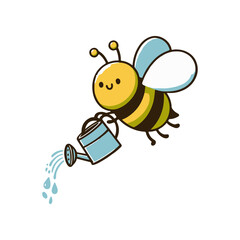 Cheerful cartoon bee watering flowers in a vibrant garden, promoting nature and gardening