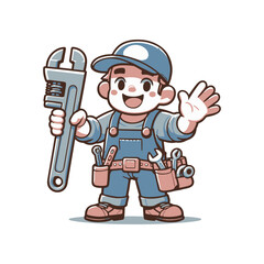 Cheerful cartoon mechanic waving while holding a wrench, surrounded by tools, in a bright setting