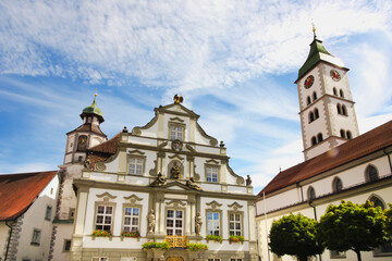 The historic town hall at the market square in Wangen im Allgäu, Upper Swabia, Baden-Württemberg, Germany.