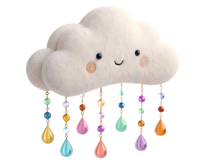 Smiling plush cloud with colorful beaded raindrops hanging down on a transparent backdrop