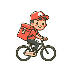 Cheerful delivery person riding a bicycle with a backpack in a bright, playful style