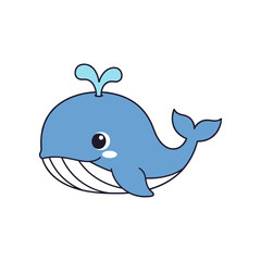 Cute cartoon whale swimming happily in a serene ocean with gentle waves and sunlight