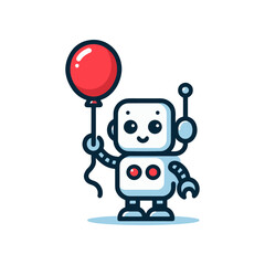 Cheerful robot holding a red balloon in a simple, colorful background, conveying joy