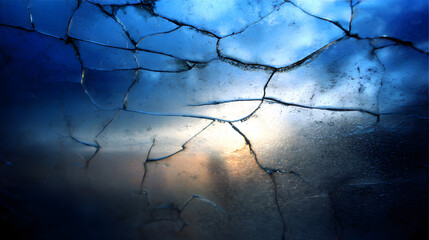 A close-up of a cracked glass surface, capturing vibrant blue hues and a glimpse of light in the background.