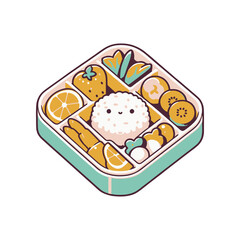 Colorful bento box filled with rice, fruits, and vegetables, set on a white background
