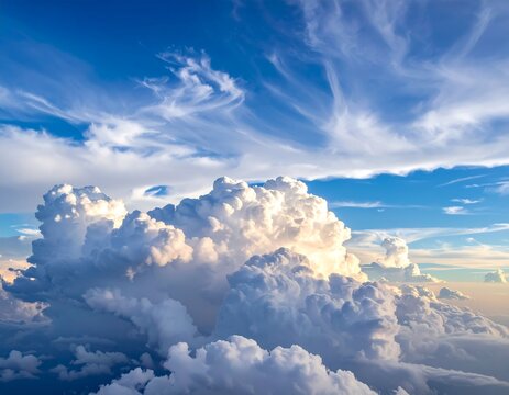 High-altitude view of cumulus clouds against a vibrant blue sky