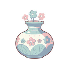 Colorful ceramic vase filled with blooming flowers, set against a minimalistic background