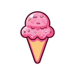 Colorful pink ice cream cone with sprinkles on a white background, ideal for dessert promotions