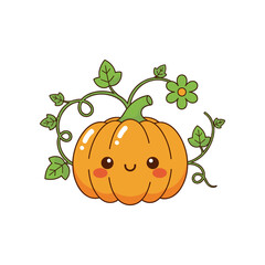 Cute smiling pumpkin surrounded by vines and a flower, ideal for autumn-themed designs
